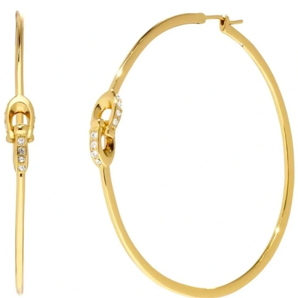 1BJ: COACH Signature “C” Brass & Crystal Hoop Earrings, EUC - Picture 10 of 11